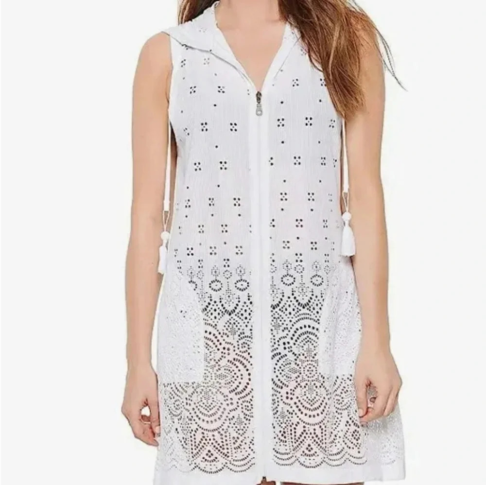 DOTTI Swim Cover Up Crochet Full Zip Up Hoodie White Lace $56  Sz Small S - Picture 4 of 12